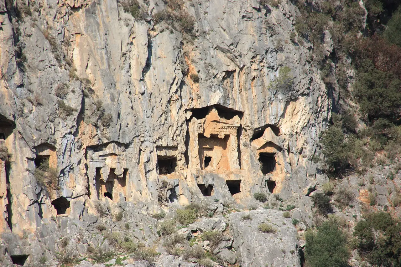 The royal rock tombs of Kaunos carved into the cliff at Dalyan