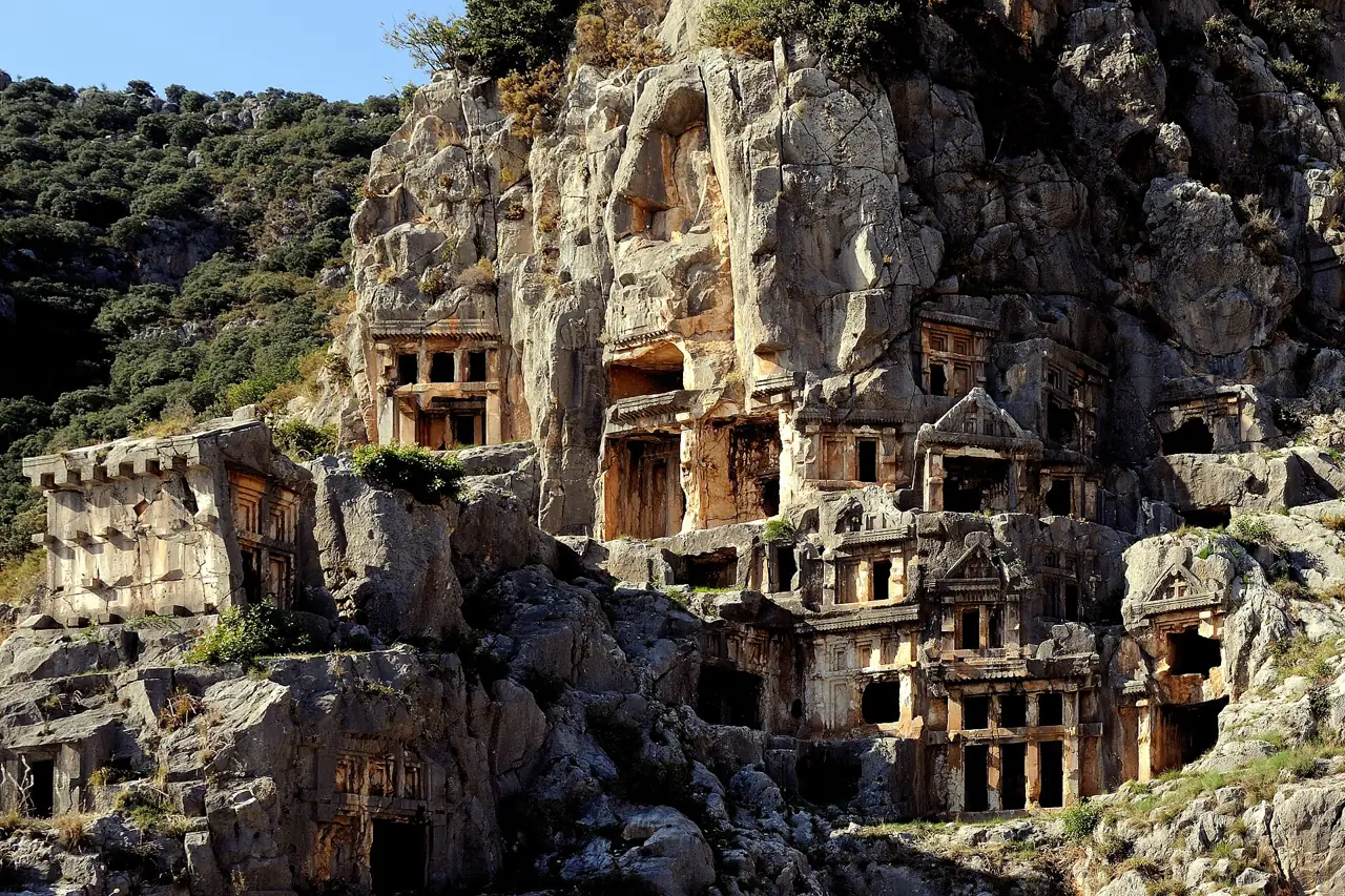 Lycian rock-cut tombs carved into the cliff at Myra near Demre