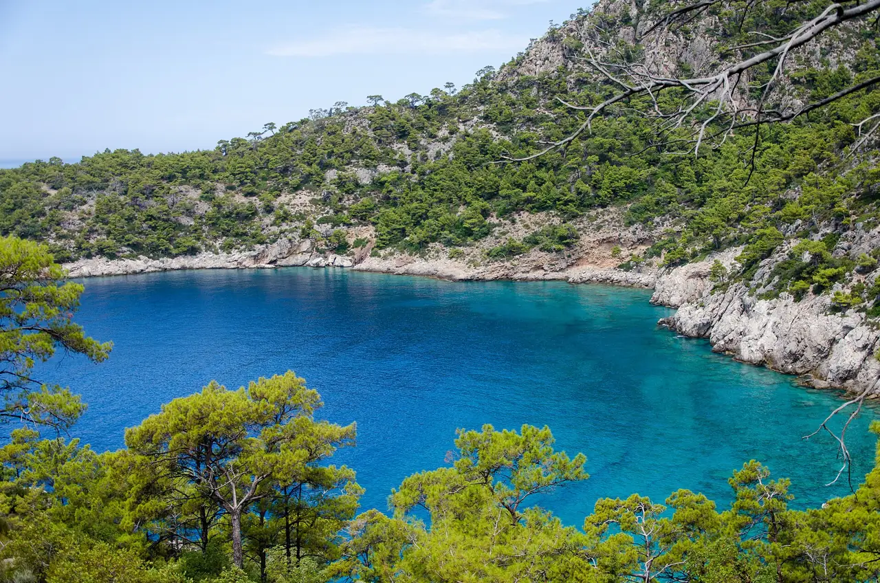 Kabak bay with turquoise water below pine-covered cliffs