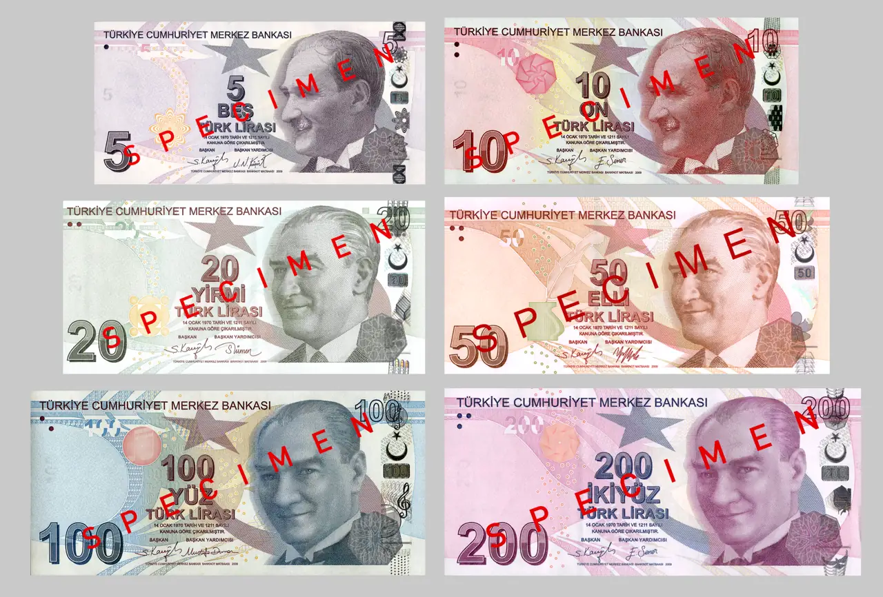 Specimen Turkish lira banknotes from 5 to 200 lira