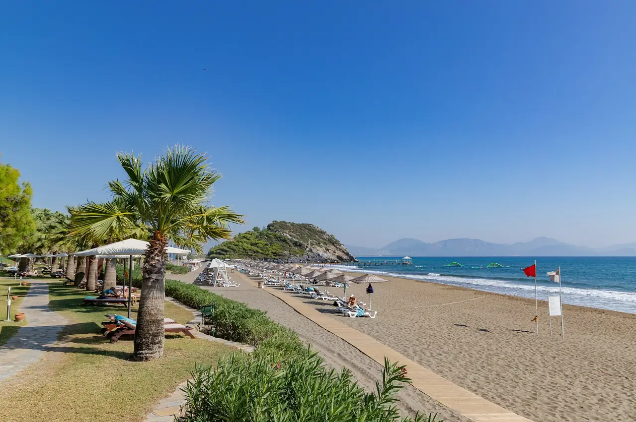Palm-lined beach at Sarıgerme with Baba Island offshore