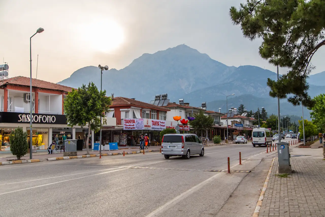 The main street of Tekirova with Mount Tahtalı behind